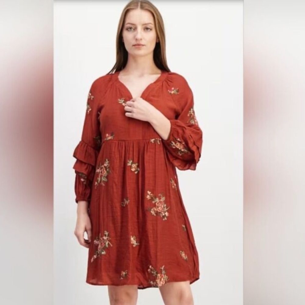Anthropologie Fig and Flower cottage boho tiered sleeve dress floral embroidered